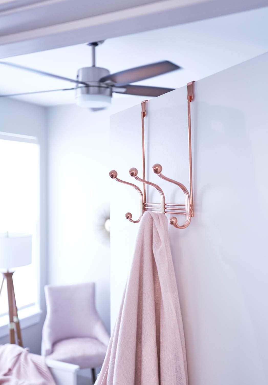iDesign York Metal Over the Door Organizer, 3-Hook Rack for Bedroom, Closet, Bathroom, Rose Gold, 4" x 8.3" x 11"