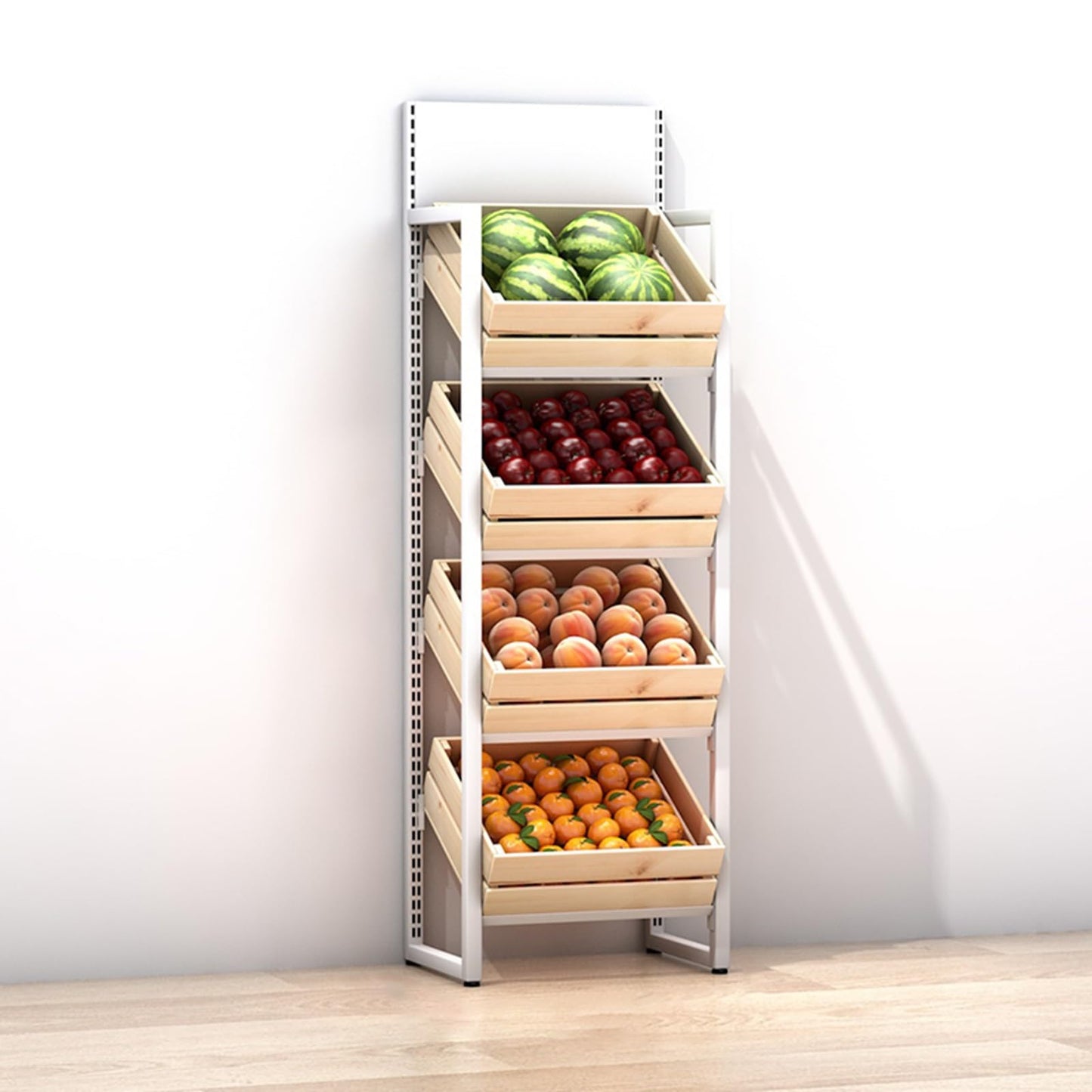 Rolling Kitchen Organizer Cart - Storage Rack with Wire Baskets.4-Tier Fruit & Vegetable Display Stand - Wooden Basket Market Shelf for Retail & Pantry - Large Capacity Snack Organizer for G