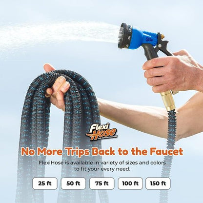 Flexi Hose Expandable Garden Hose - 50FT Lightweight & No-Kink with 8 Function Nozzle | Solid Brass Fittings
