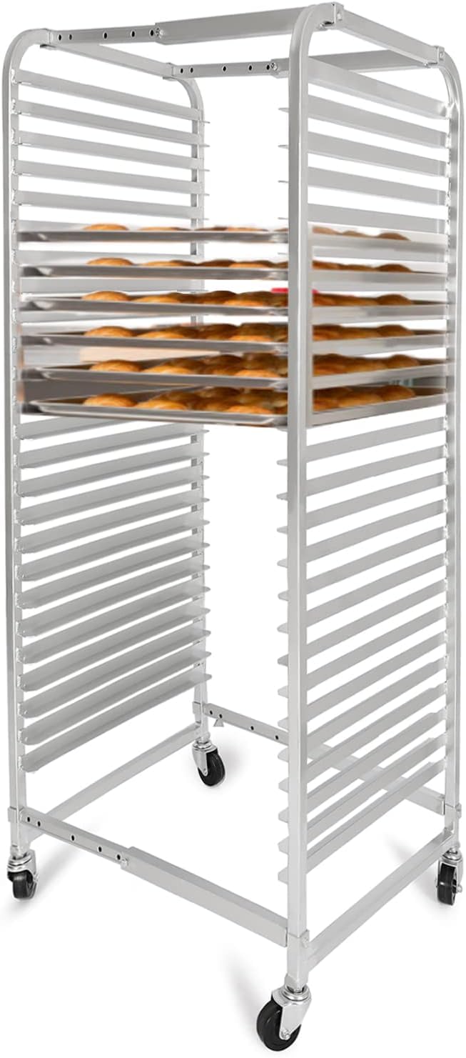 HECASA Adjustable Bun Pan Rack 25 Tier with Brake Wheels, Bakery Sheet Rack for Foodservice, Kitchen,Restaurant, Pizzeria, Hotel, Home, Aluminum, 24.72" L x 20.5" W x 58''H Oxidation