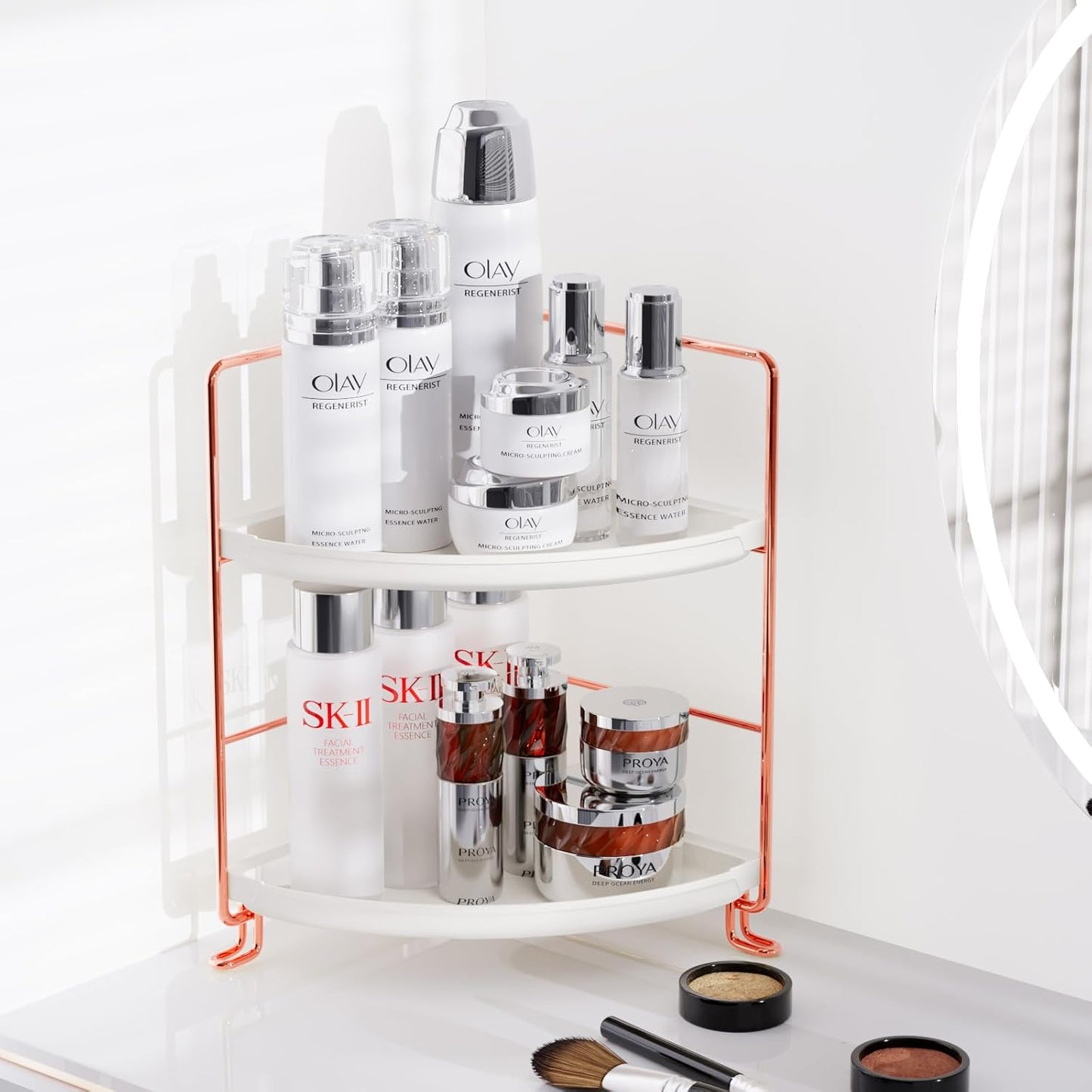 FSyueyun 2-Tier Corner Bathroom Counter Organizer, Tool-Less Installation Vanity Shelf, Small Plastics Makeup Tray