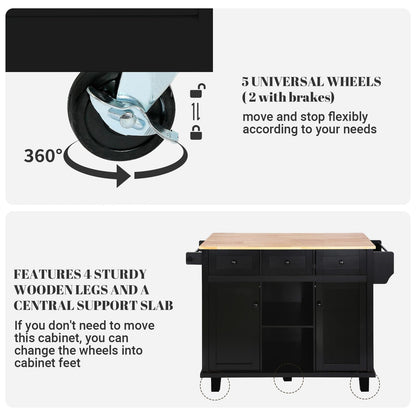 Rovibek Kitchen Island with Drawers 53 in Rolling Island Cart Mobile Portable Islands on Wheels Solid Wood Island with Storage Cabinet & Drawers, Jet Black