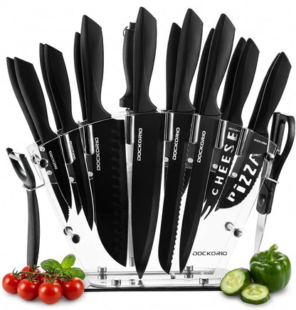 Dockorio Kitchen Knife Set with Block, 19 PCS High Carbon Stainless Steel Sharp includes Serrated Steak Knives Set, Chef Knives, Bread Knife, Scissor, Sharpener, all in one
