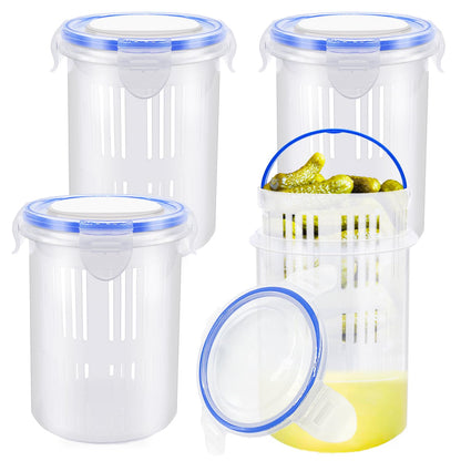 4 Pcs Pickle Container with Strainer,24 oz Pickle Jar with Leak Proof and Lock It Lid,Pickle Holder Keeper Lifter for Olive Jalapeno Juice Food Storage