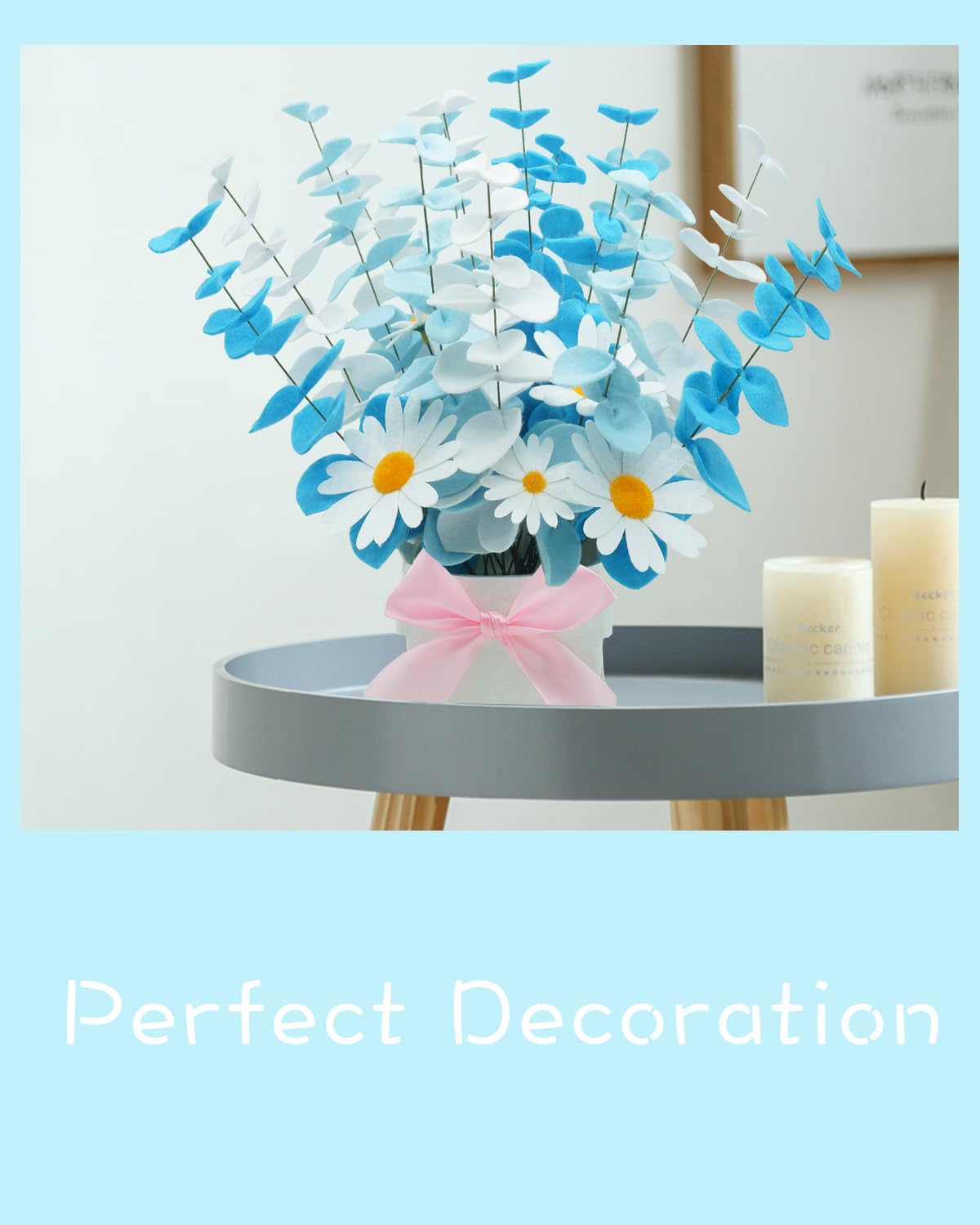 BAZIMA Felt Eucalyptus Daisy Bouquet,Felt Flowers,Multi-Color Felt Leaves,DIY Bouquet,Artificial Flower Bouquet with Flower Pot,Floral Gifts,15 Eucalyptus and 8 Daisies kit(White and Blue)