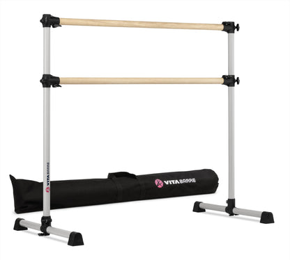 VITA Barre Portable Freestanding Double Ballet Barre, Prodigy, 4 Ft Bars, Satin Silver, with Bag | Adjustable Height, USA Made, Home or Gym Exercise Equipment for All Ages | Dance, Fitness, Pilates