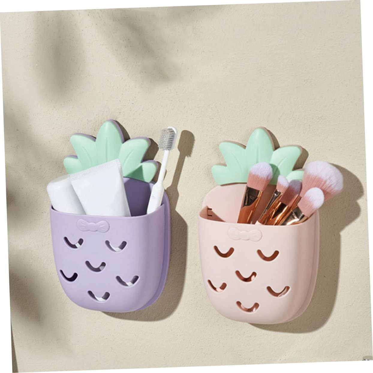 Hemoton 2 Pcs Wall Hanging Storage Basket, Pineapple Bathroom Organizer, Wall Mounted Toothbrush & Phone Holders