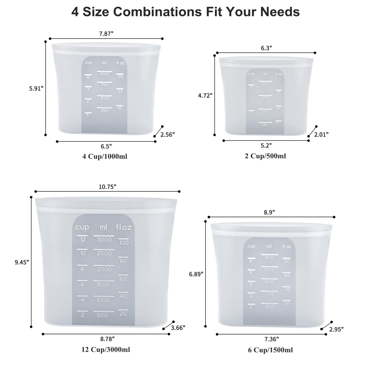 Bangp Premium Silicone Reusable Food Storage Bags,4 Pack,Stand-Up Bottom,Multi-Use Food Freezer Bag,Reclosable Silicone Bags for Marinate Meats,Salad Fruit,Home Organization,Leak-free,Dishwasher Safe