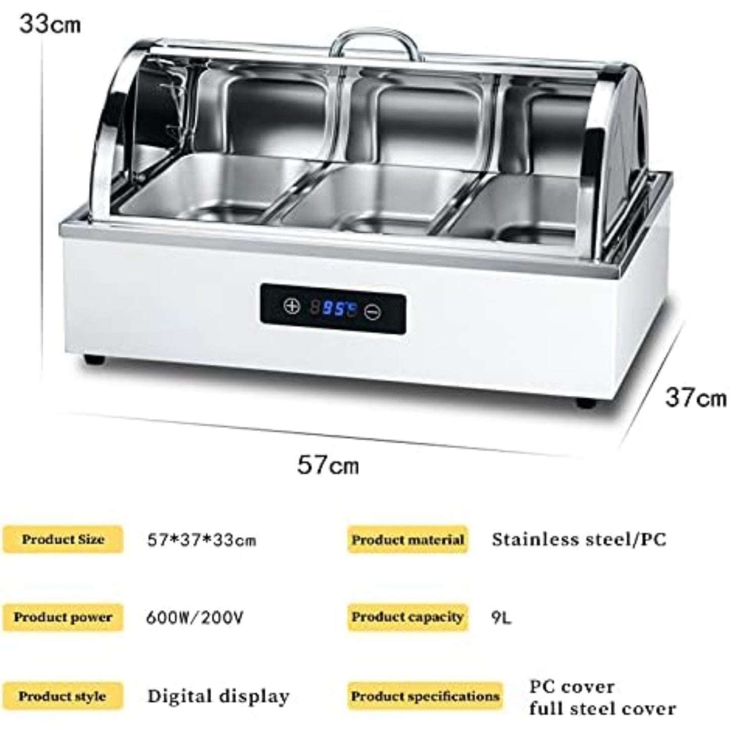 Stainless Steel Electric Chafing Dish with Adjustable Temperature and Folding Lid Buffet Warmer for Weddings Parties Catering (All Steel Cover 9L 1/1)