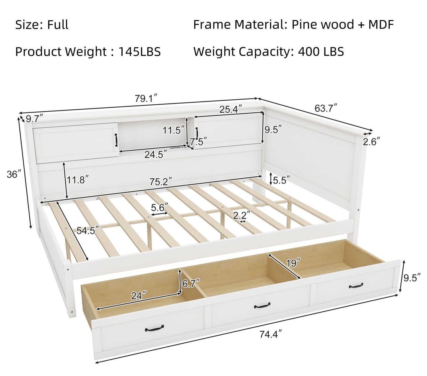 Merax Full Size Corner Bed Frames with Storage Drawers, Bookcase, Charging Station, Led Downlight, Wooden L-Shaped Captain Daybed Platform for Small Room, Bedroom, Guest Room, Kids'Room, White