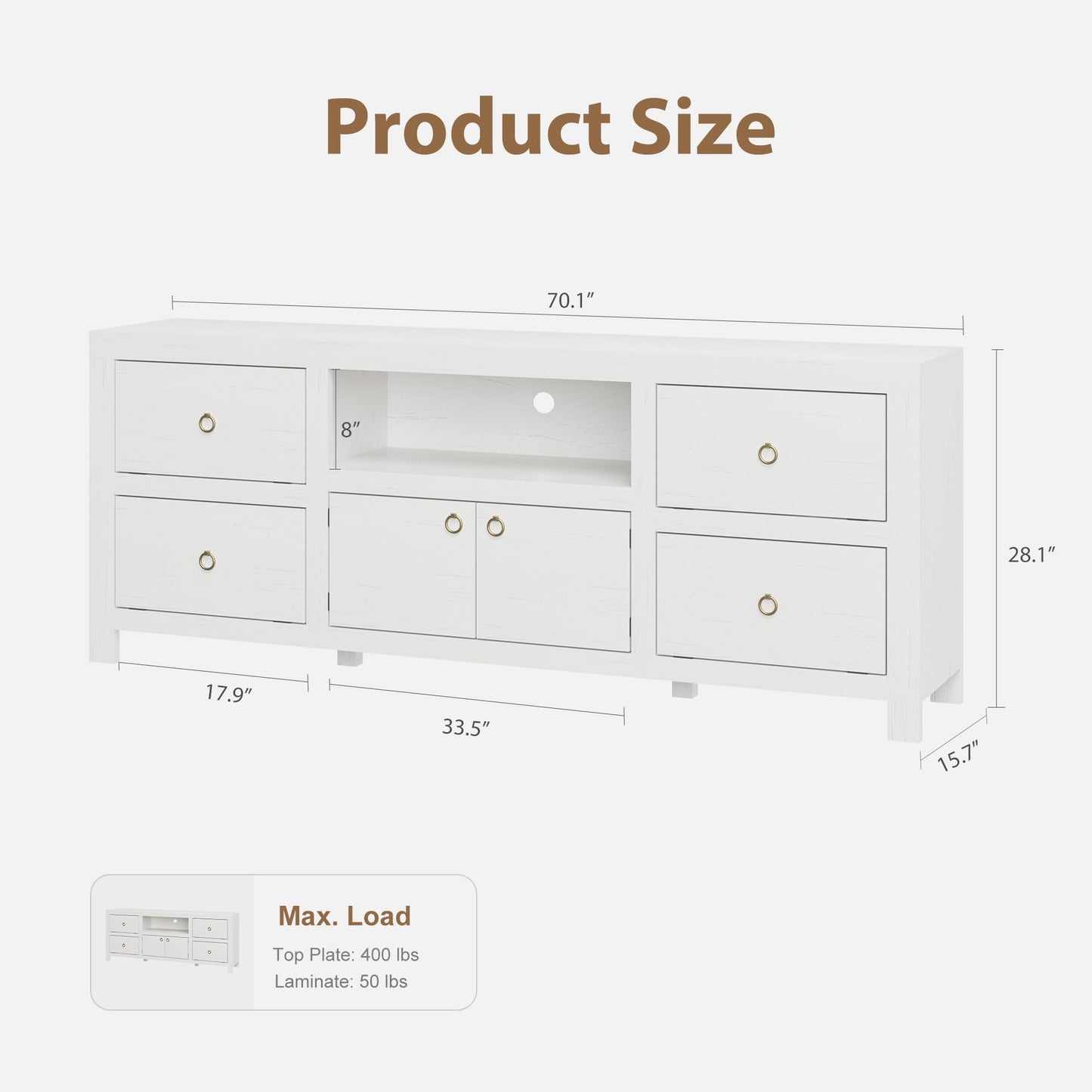 Farmhouse TV Stand for 75/80 Inch TVs, 70" Long Entertainment Center with 6 Storage Drawers & Soundbar Shelf, White Television Consoles Stands for Living Room, Bedroom