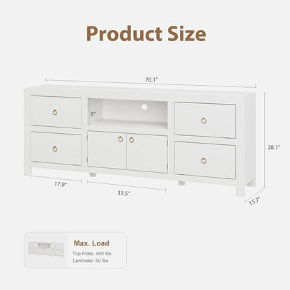 Farmhouse TV Stand for 75/80 Inch TVs, 70" Long Entertainment Center with 6 Storage Drawers & Soundbar Shelf, White Television Consoles Stands for Living Room, Bedroom