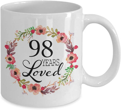 98th Birthday Gifts for Women - White Coffee Mug for 98 Year Old Female, 98 Years Loved Since 1922