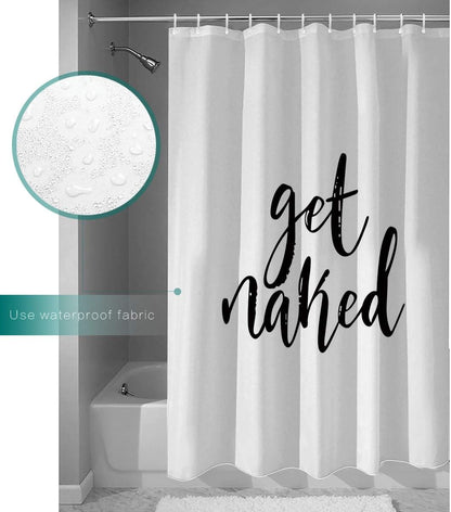 Z&L Home Get Naked Black Script Shower Curtain, White Bathroom Decorations with Hooks, Polyester Fabric 72x78 Inches