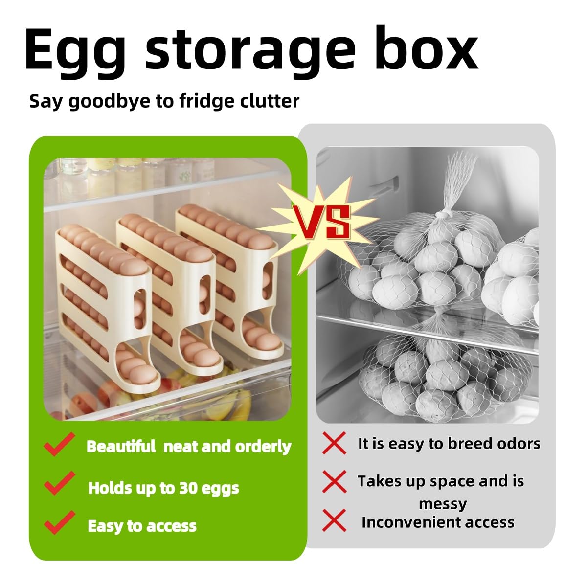 Egg Holder for Fridge, Egg container for refrigerator, Space-Saving Automatic Rolling Eggs Dispenser, 4 Tiers Fridge Egg Rack for Refrigerator Holds up to 30 pcs