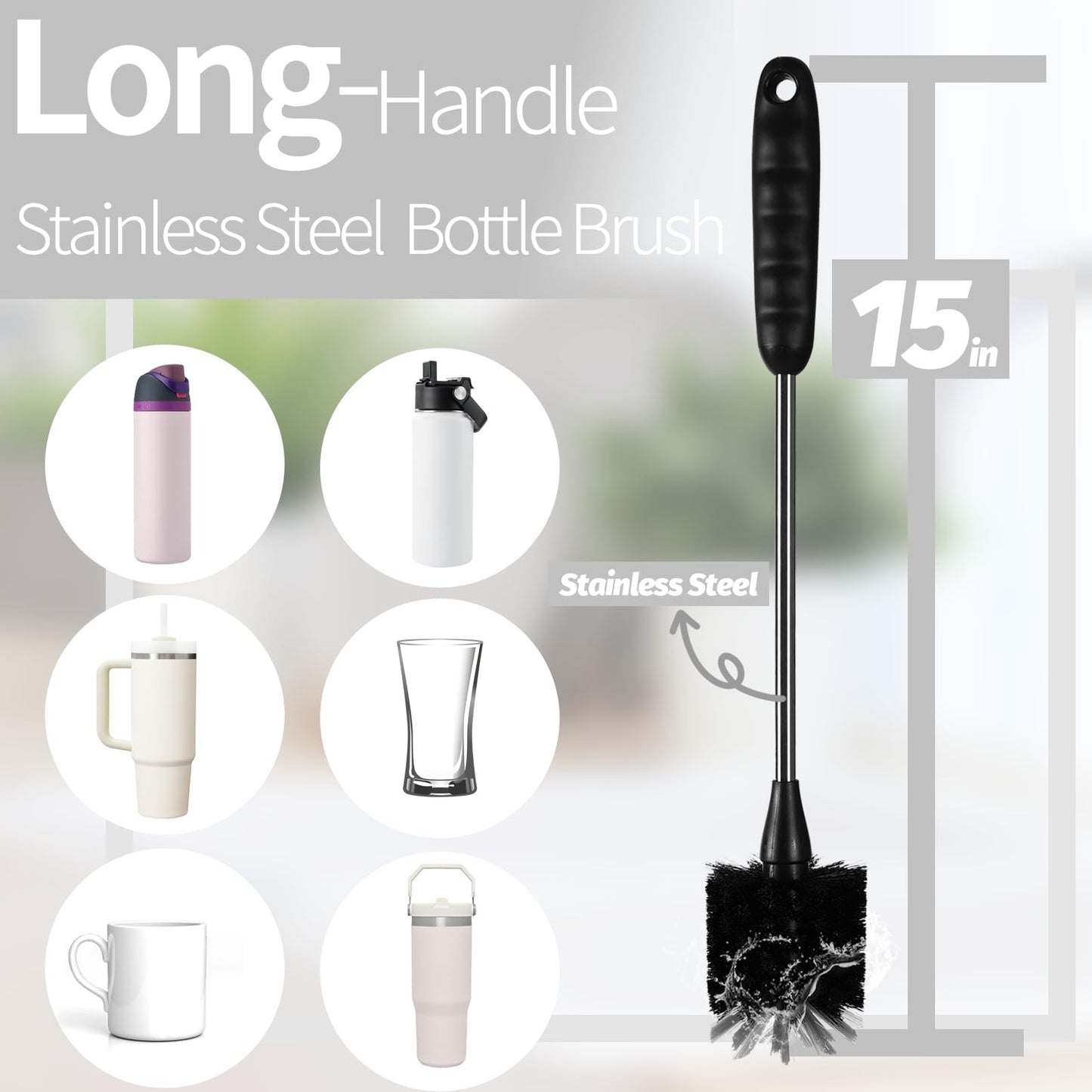 Bottle Brush Set 4 Pack - 15 Inch Long Handle Bottle Brush Cleaner with Stainless Steel Shaft, Straw Cleaner Brush and Lid Brush for Bottles, Thermos, Glasswares, Mugs, Cups, Tumblers