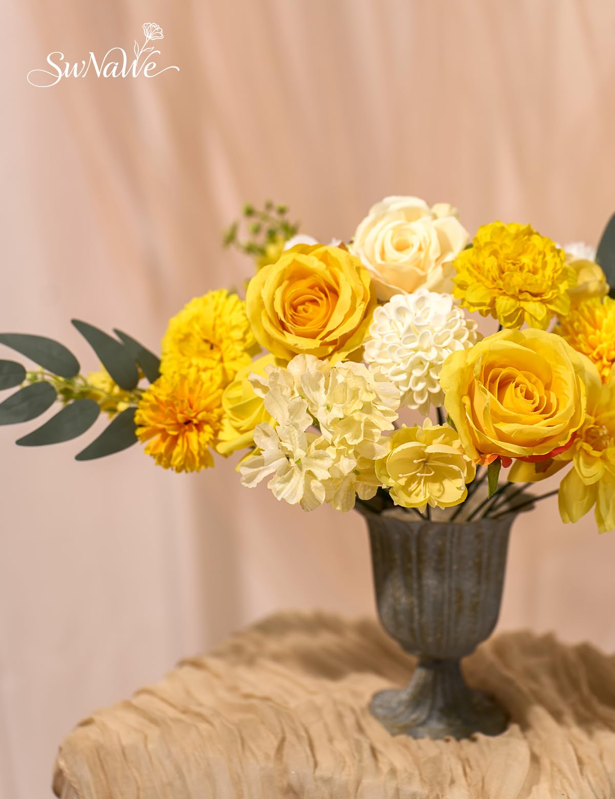 SWNAWE Yellow Flowers Artificial Roses Combo Set Fake Pink Silk Flowers Faux Peony Flowers Mix Dahlia with Stems for Wedding Bouquets Baby Bridal Shower Party Floral Arrangements Decor