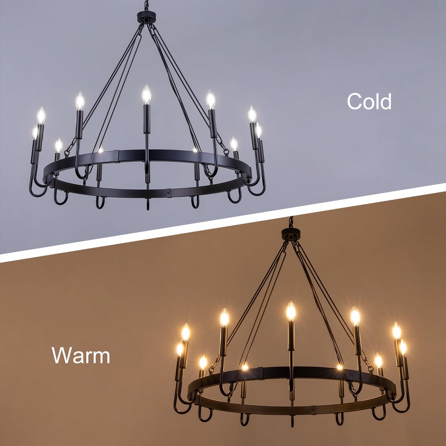 Wellmet Matte Black Wagon Wheel Chandelier, 12-Light Large Black Chandelier for High Ceiling, Industrial Wagon Wheel Pendant Light for Dining Room, Entryway, Hallway, Living Room, 39.37Inch Dia