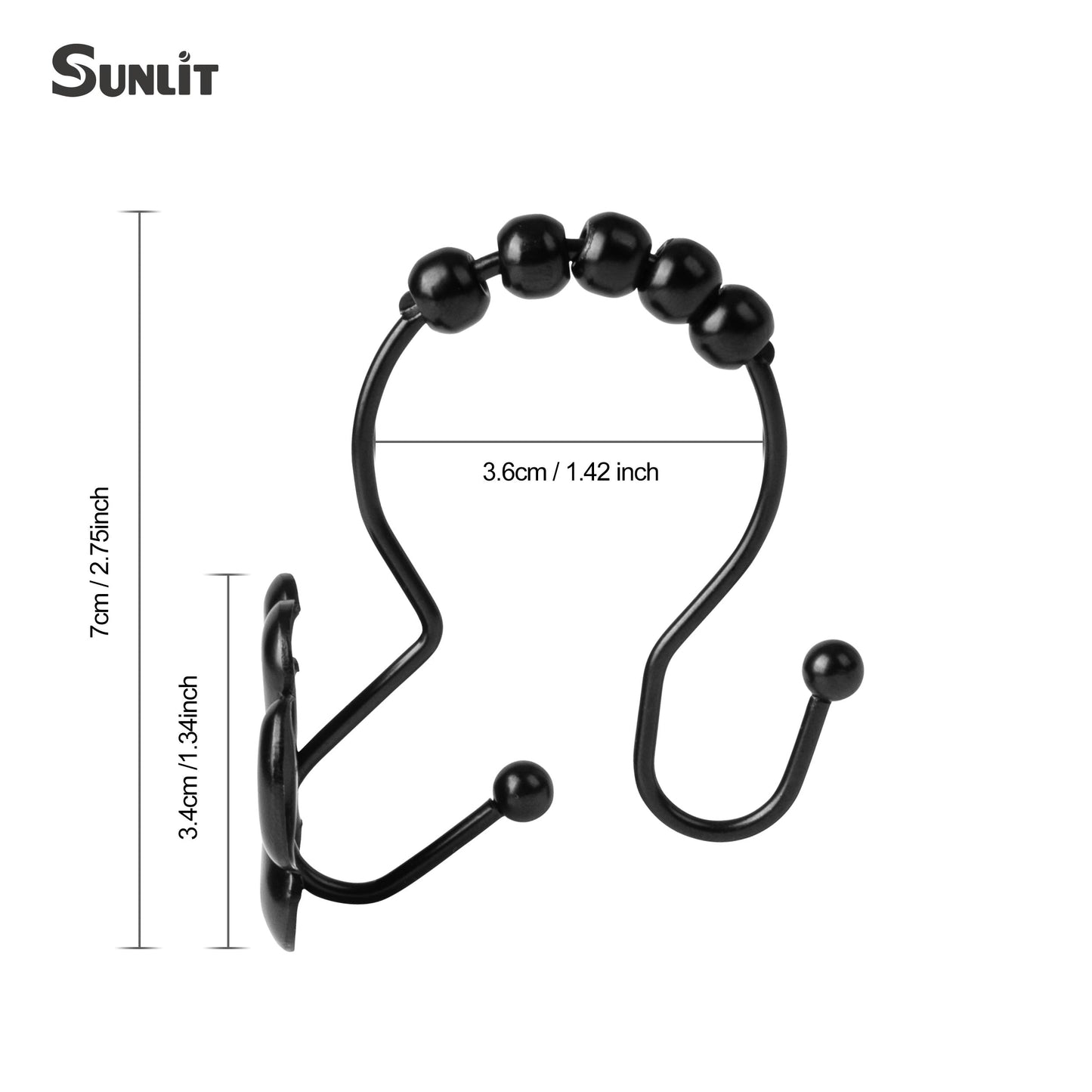 Sunlit Fashion Design Cute Paw Print Polished Double Shower Curtain Hooks for Dog Cat and Bear, Rust Proof Oil Metal Shower Curtain Rings, Black-12 Pack