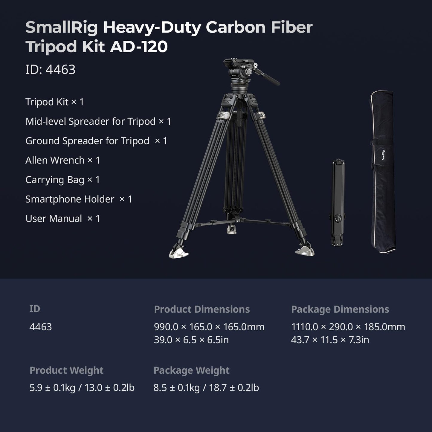 SmallRig AD-120 FreeBlazer Counterbalance Carbon Fiber Video Tripod Kit, 77" Video Tripod with 6-Step Counterbalance, Adjust Step-Less Damping on Pan/Tilt, Dual-Mode QR Plate, Max Load 17.6lbs-4463