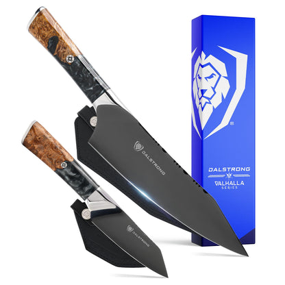 Dalstrong 2 Piece Set - Chef Knife 8 inch - Paring Knife 8 inch - Valhalla Series - Ravenstone Black Blade Titanium Coated - Premium 9CR18MOV HC Steel - Resin & Wood Handle - Leather Sheath