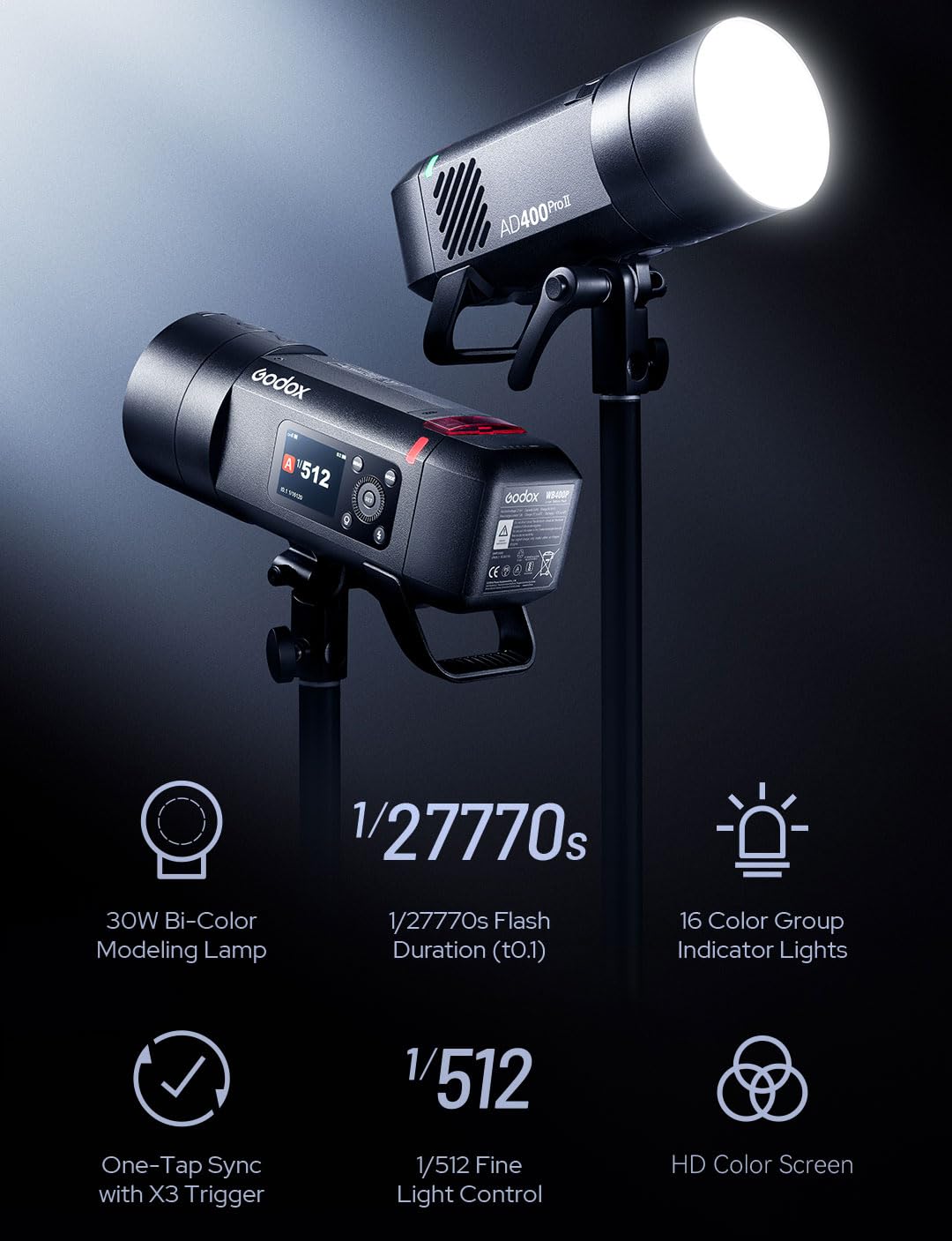 Godox AD400 Pro II AD400Pro II AD400ProII Flash, GN72 One-Tap Sync with X3/30W Bi-Color Modeling Lamp/Color Screen/16 Color Groups Indicator/Freeze Mode/460 Flashes/1/512~1/1 (with ± 0.1 Increment)