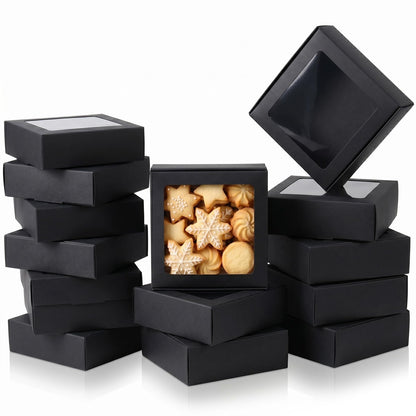 Sbarklo 30 Pcs Kraft Paper Boxes with Window - 4.13 x 4.13 x 1.18 Inch Small Gift Boxes, Treat Boxes for Candy, Soap, Mini Treat Packaging, Bakery, Chocolate, Jewelry Display & Party Favors (Black)