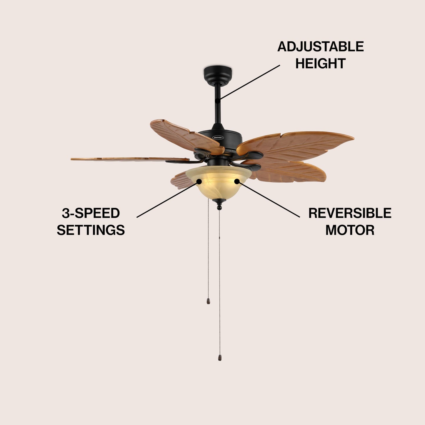 JONATHAN Y 52" Light Brown Coastal Bohemian Palm Leaf LED Ceiling Fan, 3-Light Rustic Wood Blades with Pull Chain for Living Room, Frosted Glass Shade, LED Bulbs Included (JYL9720C)