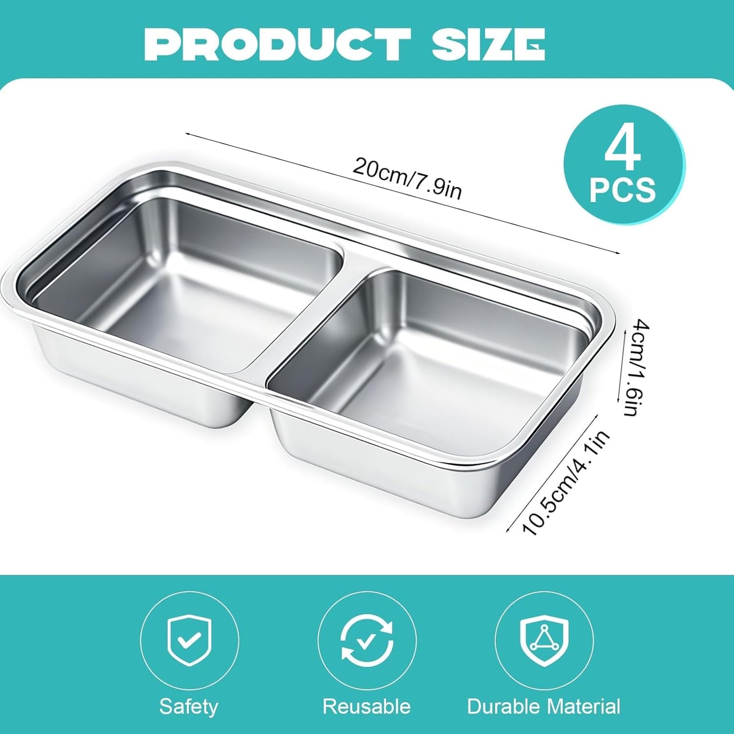 BSTUR 4Pcs 304 Stainless Steel Bento Boxes, 2 Compartments Portable Food Storage Containers Snack Boxes with Lids, Divided Meal Prep Lunch Box Food Container Dishwasher Safe