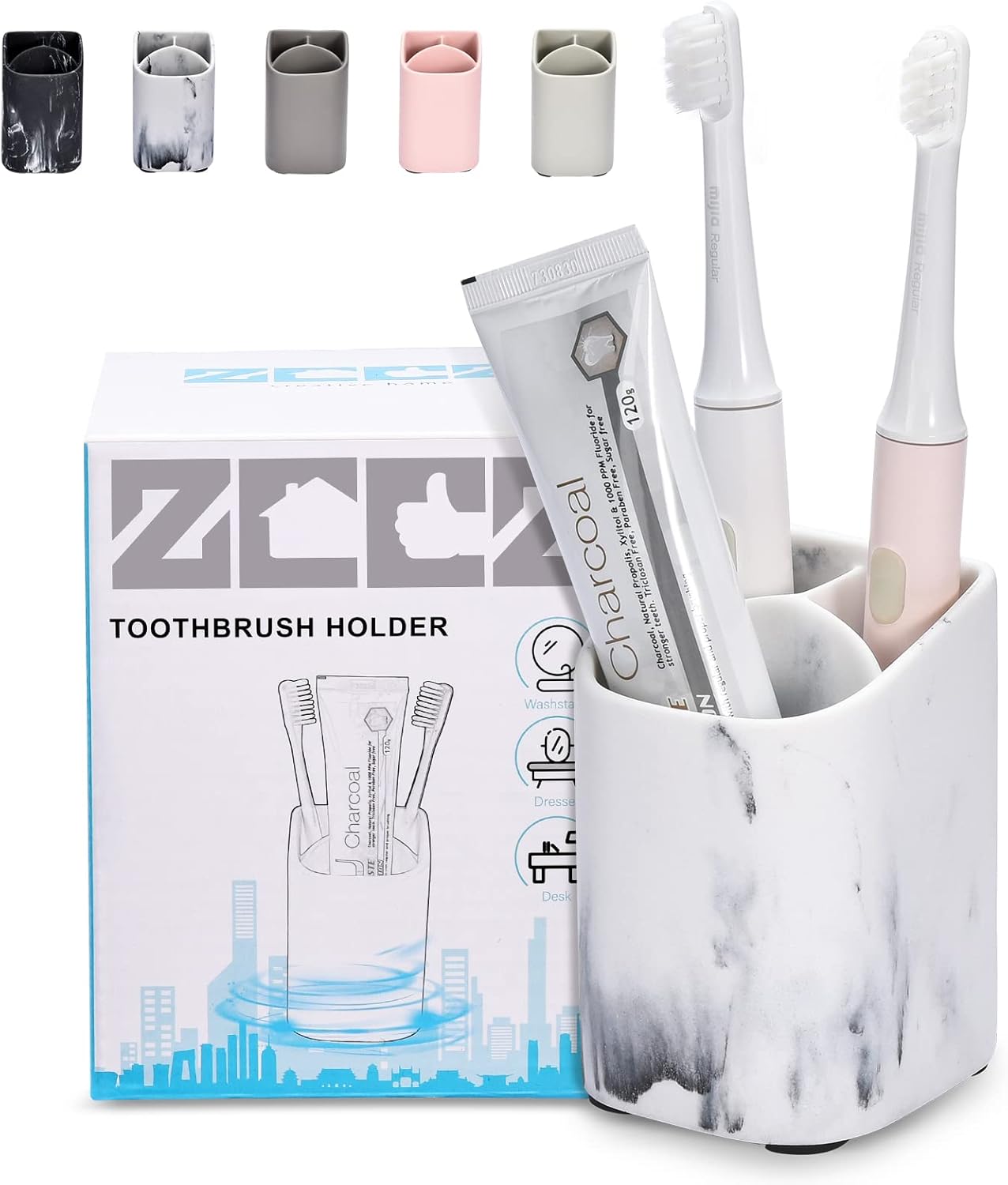 ZCCZ Toothbrush Holder for Bathroom - Premium White Marble Organizer for Electric or Kids Toothbrushes