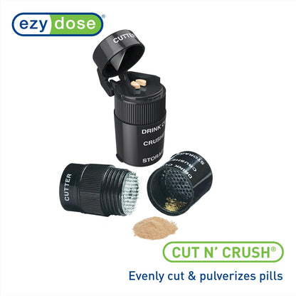 EZY DOSE 3 Compartment Pill Crusher, Cutter and Grinder, Daily Usage, Safely Cut Pills, Vitamins, Tablets, Accurate and Easy Cutting, Stainless Steel Blade, Removable Drinking Cup, Black, BPA Free