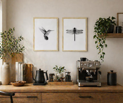 2pcs Black and White Minimalist Wall Art Modern Hummingbird Dragonfly Poster Print, Scandinavian Japandi Style Nature Picture Painting, Neutral Bedroom Living Room Wall Decor 12x16 Inches