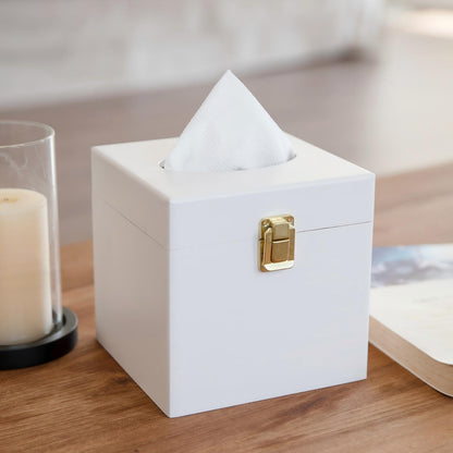 White Square Tissue Box Cover with Metal Switch, Tissue Box Holder with Lid, Solid Wood Countertop Bathroom Accessories, Office Decor, Home Decor for Bathroom Room