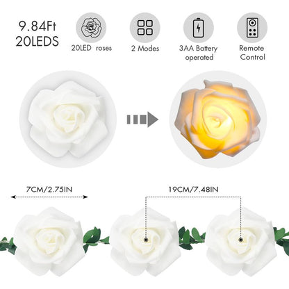 VIPMOON 20LED 10Ft Artificial Rose Flower String Lights, Flower Fairy Light Battery Operated with Remote Control, Warm White String Lights Waterproof for Indoor Outdoor, Party, Wedding, Birthday
