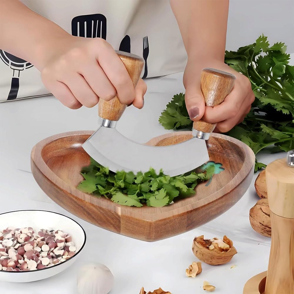 Mezzaluna Chopper Rocking Knife with Sharp Blades, ULU Knife for Veggie Rocker, Pizza Cutter, Kale Herbs Chopper &