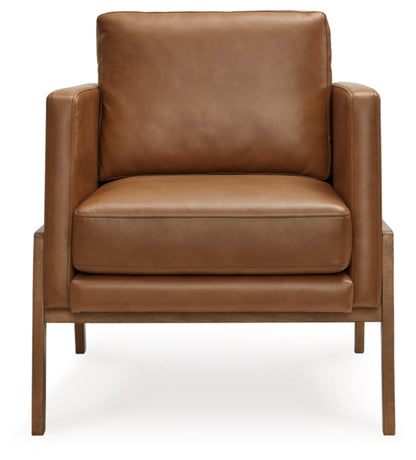 Signature Design by Ashley Numund Contemporary Faux Leather Upholstered Accent Chair with Removable Cushions and Track Arms, Light Brown