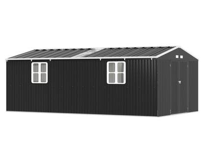VanAcc 12x20x7.2 FT Outdoor Storage Shed with 2 Transparent Panels, Metal Garden Shed with Hinged Double Doors, Windows & Vents, Reinforced Steel Frame for Backyard Garden, DIY Workshop, Dark Gray