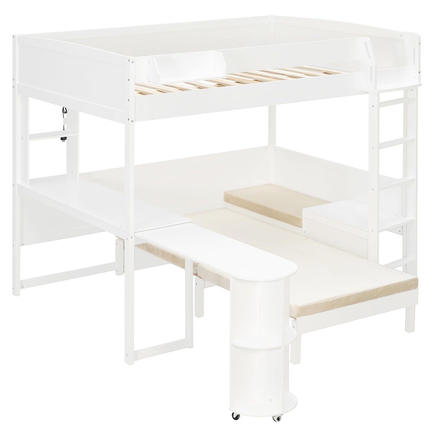 Merax Full Size Loft Bed with Extendable Desk and Lights, Wood Loft Bed Frame with Storage Shelves & Padded Foldable Sofa, Space-Saving Loft Bed for Teens Adults, Dorm Apartment, White