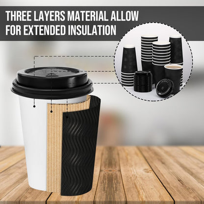 BYSNOW 100 Pack 16 oz Coffee Cups with Lids, Disposable Insulated Hot Cups To Go Paper Coffee Cups, Corrugated Ripple Wall Cup for Hot Drink, Office, Coffee Bar (Black 16 oz)