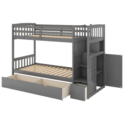 Merax Twin Over Full/Twin Bunk Bed with Stairs & Storage, 3-in-1 Convertible Bottom Bed with Storage Shelves and Drawers, Bunk Bed with Guardrails for Bedroom, Gray