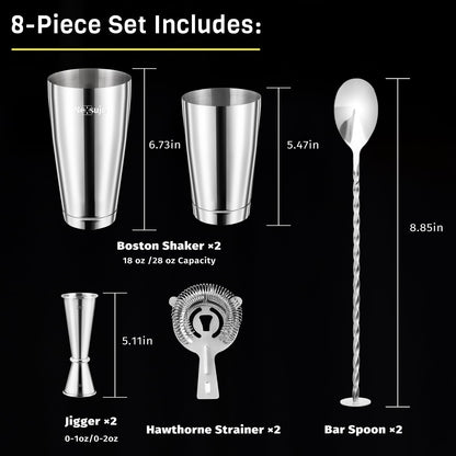 Nexsujo Boston Cocktail Shaker, 8-Piece Professional Shaker Set, Stainless Steel Bar Tools Set with Boston Shaker, Bar Spoon, Jigger, Hawthorne Strainer, Dishwasher Safe, Ideal Bartender Kit for Bar