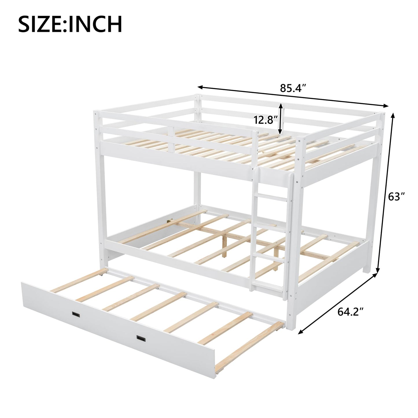 Merax Modern Queen Over Queen Size Wood Bunk Bed with Ladder and Twin XL Trundle, No Box Spring Required, Space-Saving, White