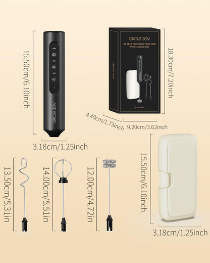 CIRCLE JOY Rechargeable Handheld Milk Frother Wand with 3 Variable Speeds, 3 Whisks and Storage Box, Electric Drink Mixer for Latte, Cappuccino, Hot Chocolate, Eggs and Protein Powder, Black