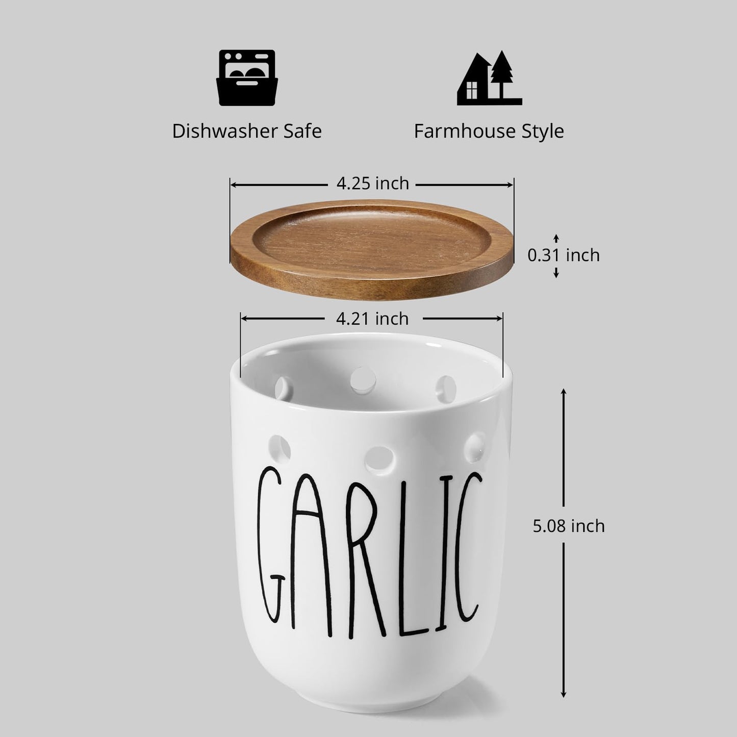 CMLKLZD Ceramic Garlic Keeper for Counter, Large Garlic Holder with Acacia Wood Lid, Farmhouse Garlic Storage Container, Garlic Saver for Kitchen, White