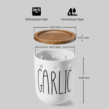 CMLKLZD Ceramic Garlic Keeper for Counter, Large Garlic Holder with Acacia Wood Lid, Farmhouse Garlic Storage Container, Garlic Saver for Kitchen, White