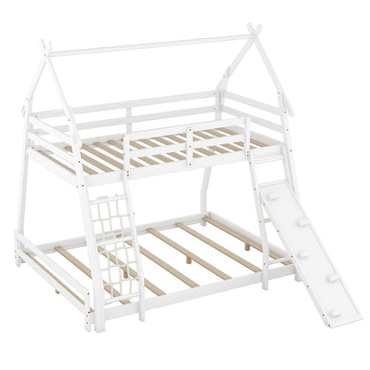 Bellemave Bunk Bed Twin Over Queen with Slides and Stairs, House Bunk Bed with Climbing Nets and Climbing Ramp for Kids, Teens, White