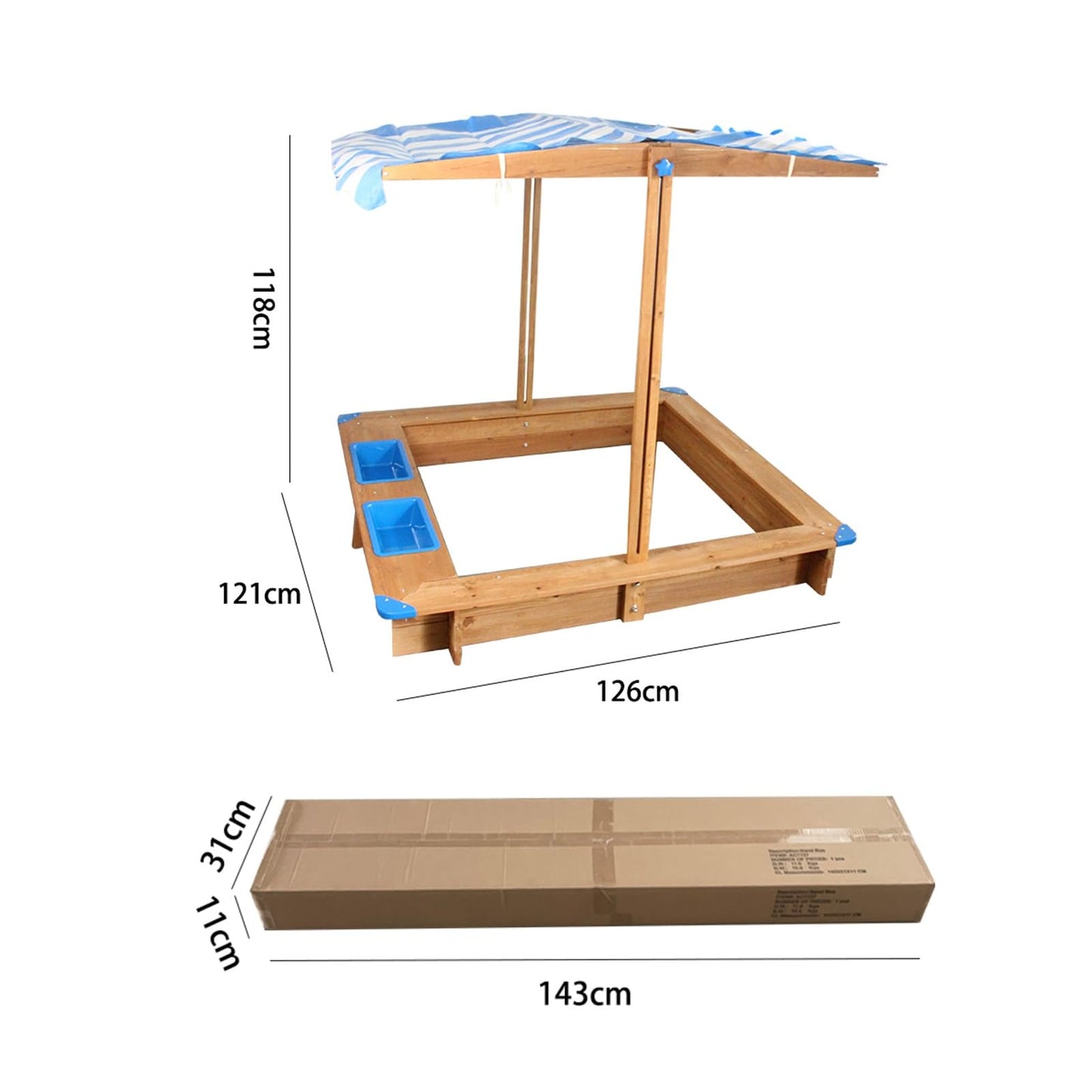 POLGDW Wooden Sandbox with Rotatable Canopy, Sand Box with Adjustable Canopy and Height, Foldable Bench Seats for Aged 3-8 Years Old