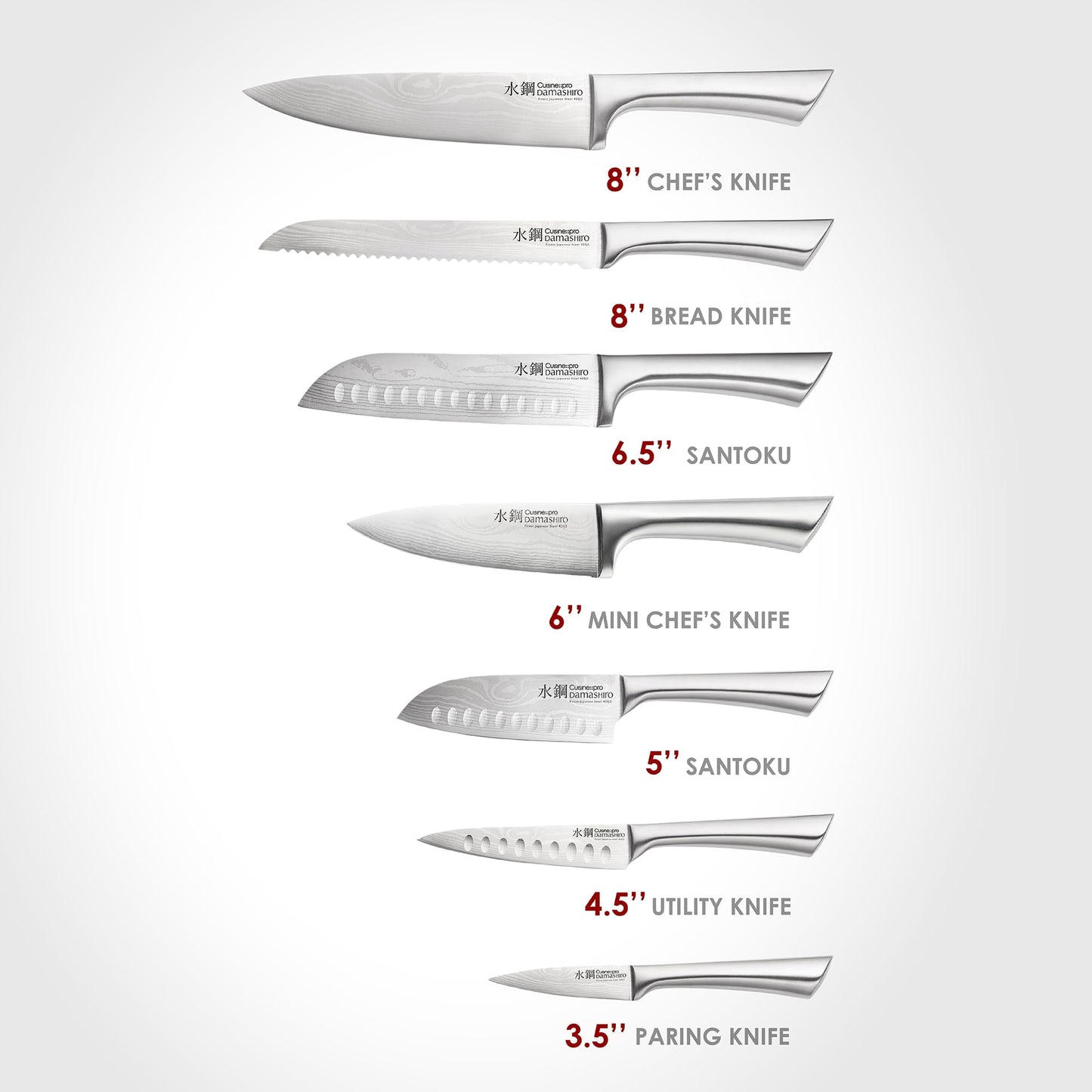 Cuisine::pro Damashiro 8-Piece Satori Knife Block - Japanese Steel Knife Set with Acacia Wood Knife Block -Damascus-Inspired Blade