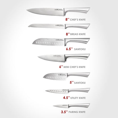 Cuisine::pro Damashiro 8-Piece Satori Knife Block - Japanese Steel Knife Set with Acacia Wood Knife Block -Damascus-Inspired Blade