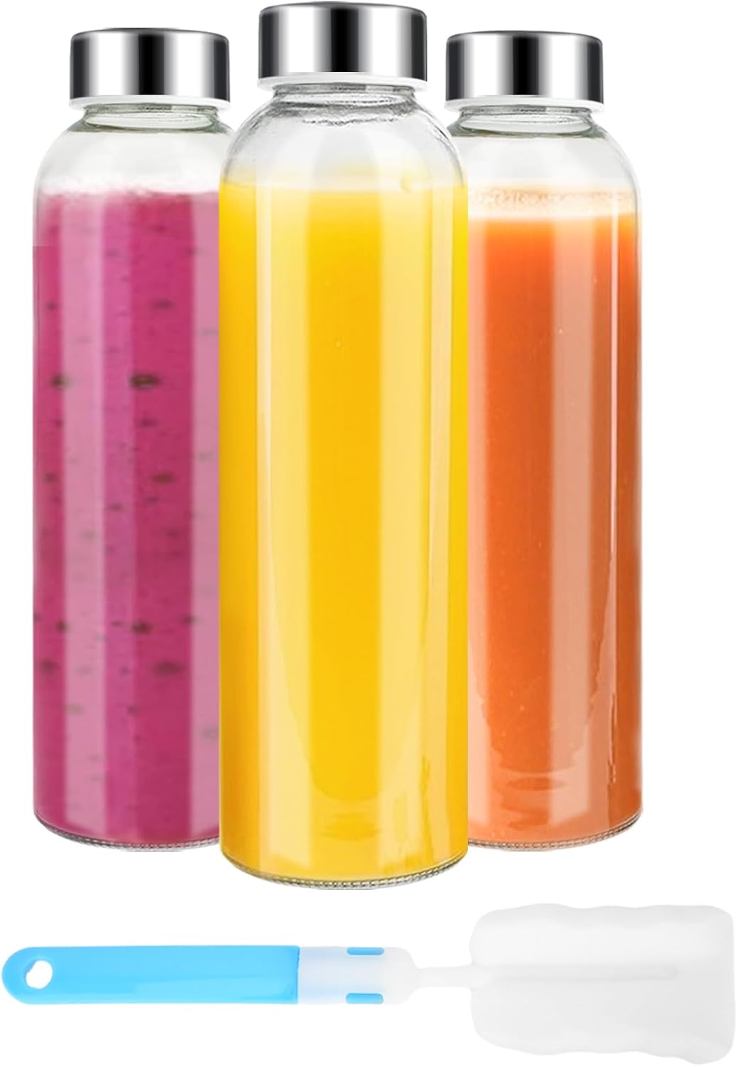 18 oz, 100% Set 3 Luxfuel Clear Glass Bottles with Lids Reusable Glass Water Bottles with Stainless Steel Cap